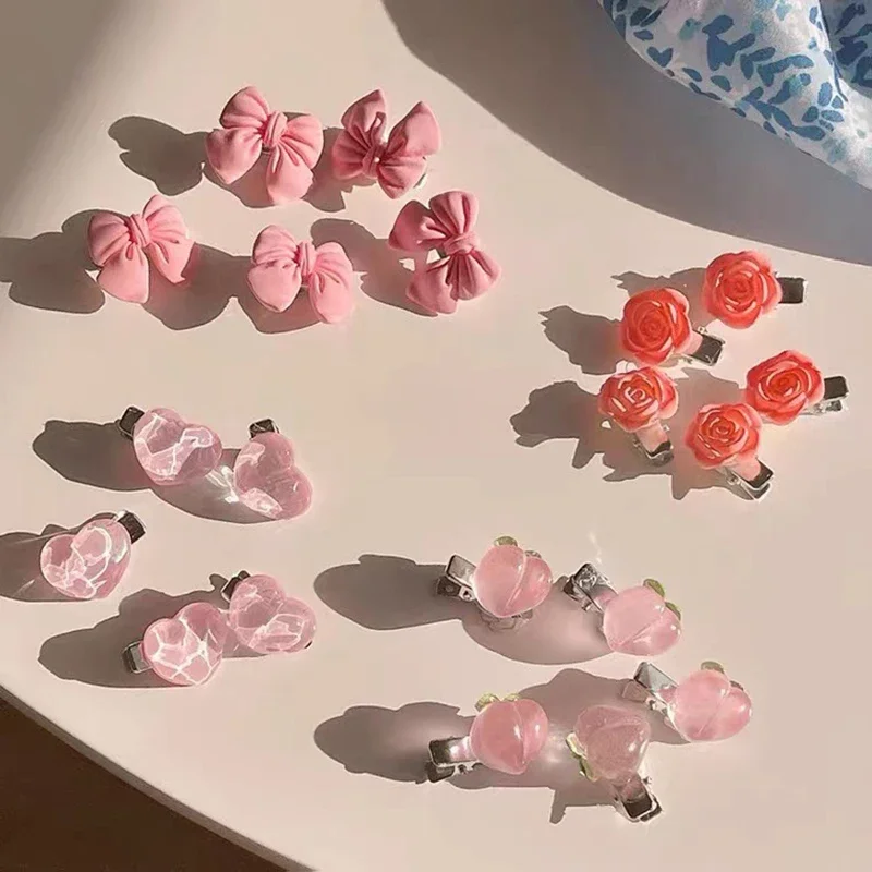 5Pcs New Small Bow Hairpins Cute Peach Rose Headwear Hair Accessories Girl Side Bangs Clip Sweet Hair Clips Headdress Jewelry