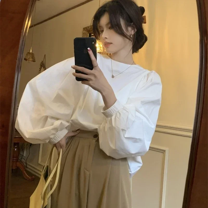 

French Round Neck Puff Sleeve Shirt Women With Lazy Style Niche Casual Loose Versatile Top Trendy