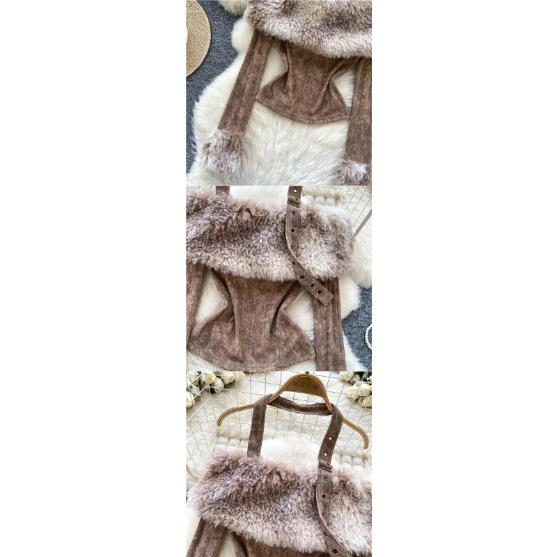 Puro Desiderio Spice Girl Una Linea di Spalla Appesa Al Collo Dei Capelli Splicing Top Femminile 2024 Autunno Sexy Sottile Look Tutti Corrispondenti Camicia Base