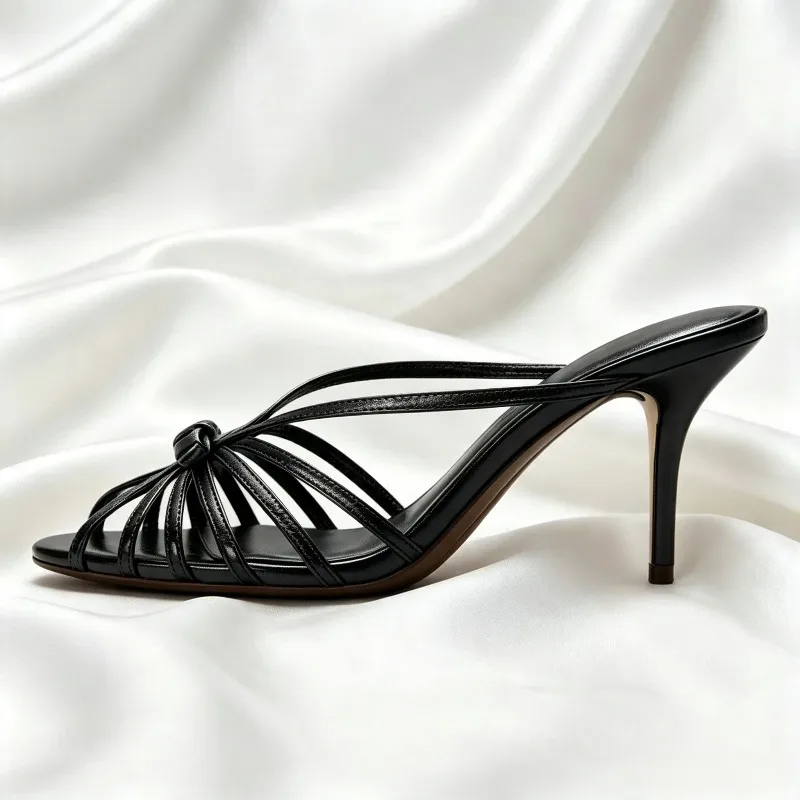 Fashion Bow Detail Black Heeled Sandals Women Unique Cage-Style Design Stiletto Slide Sandals Sexy Open-Toe Party Dress Shoes