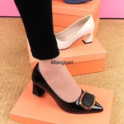 Square Buckle NEW Office Shoes 2023 New Women's Concise Patent Leather Shallow High Heels Shoes Pointed Toe Woman Pumps Zapatos