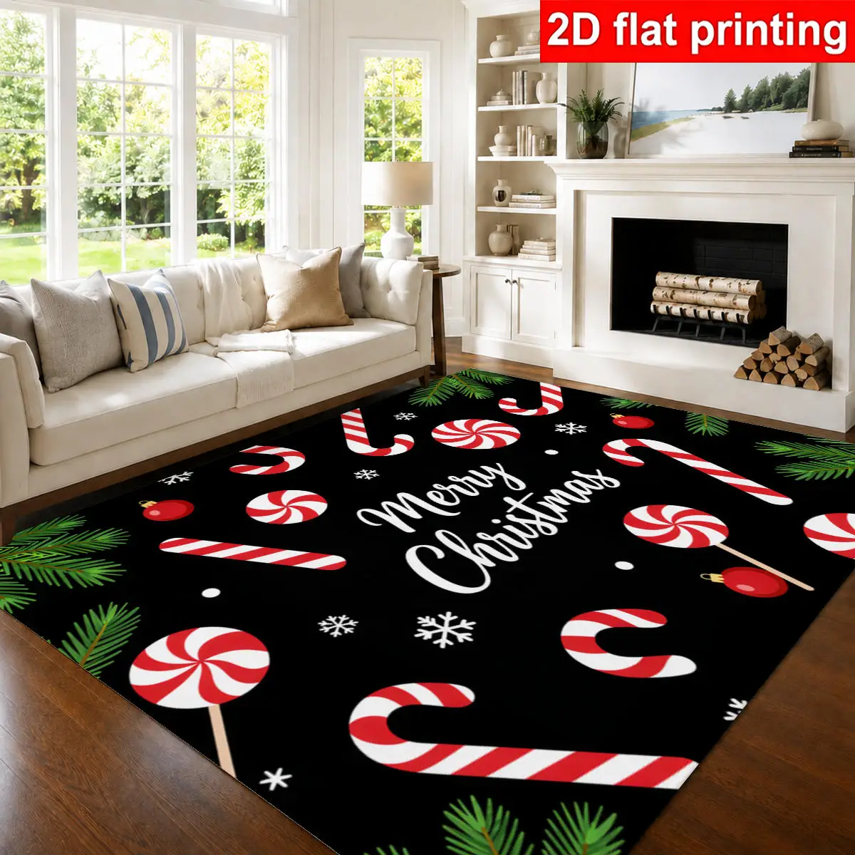 1pc 2D Flat Merry Christmas Candy Cane Peppermint Pine Branch Printed Floor Mat, Decorative Rug for Living Room, Bedroom, Home