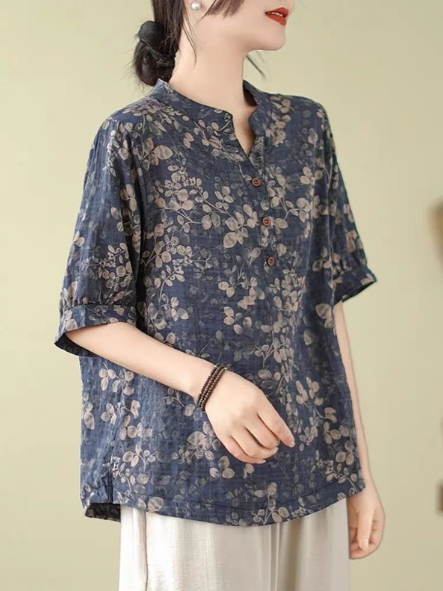 

Retro Flax 2024 Summer New Fashion Loose Floral Print Women's Shirt Vintage Style Mom Top Short Sleeve V-Neck Casual Shirt