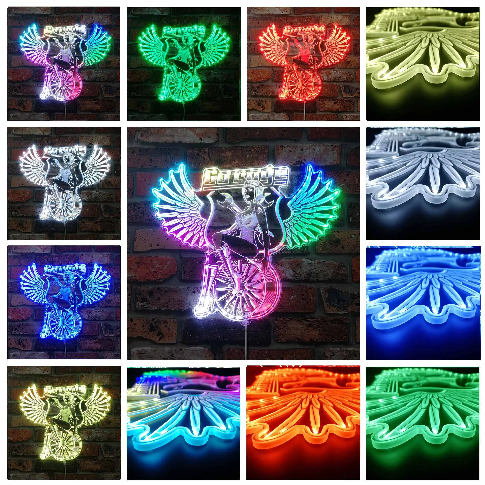 Sexy Wing Girl Sitting on Wheel Rim Pin Up RGB Dynamic Glam LED Sign st06-fnd-i0329