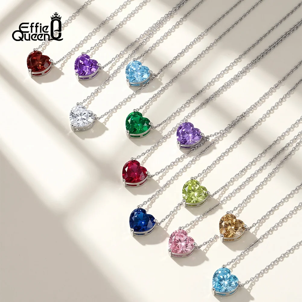 EFFIE QUEEN Zircon Heart Pendant Necklace Stainless Steel Women's Birthstone Collarbone Chain Wholesale Anniversary Gift HTKN06