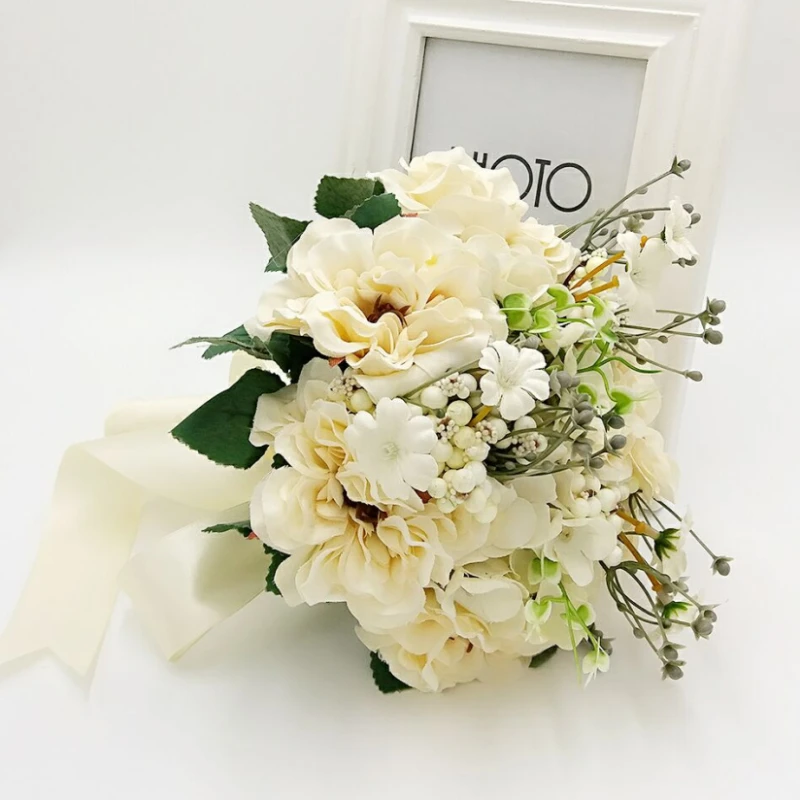 

Горячая продажа 25 см белый свадебный букет ручной работы искусственный цветок роза букет casamento Свадебный букет для свадебного украшения