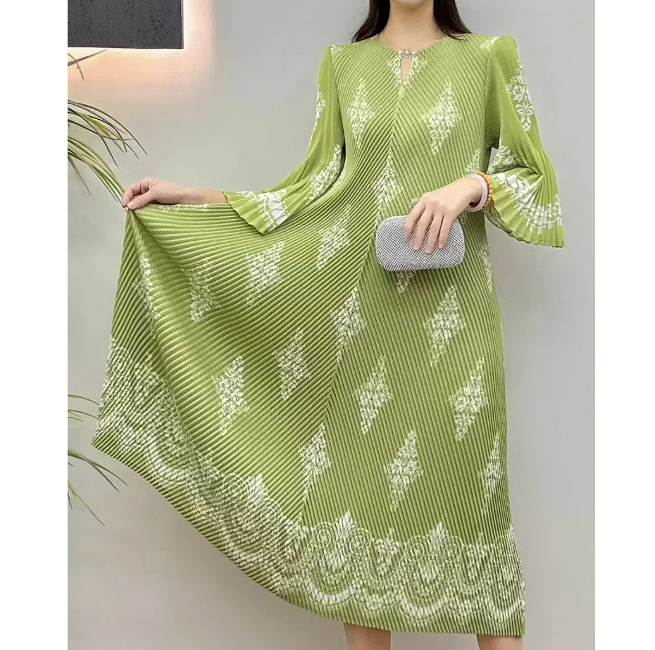 

Miyake Pleated Plus Size Dress Retro Women Simple Loose Stretch Clothing Middle East Prom Formal Occasion Waist Tie Long Dresses