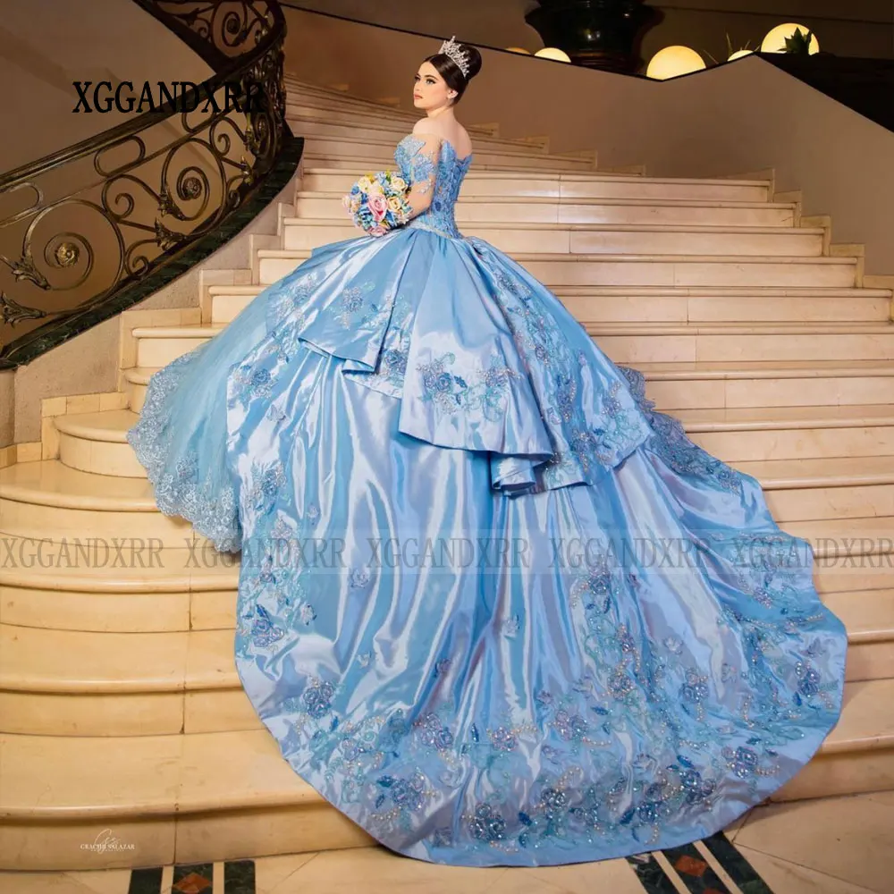 Vestido de quinceañera azul de lujo, traje de baile de capas con volantes, hombros descubiertos, fiesta de cumpleaños, 15, 16 años, 2024