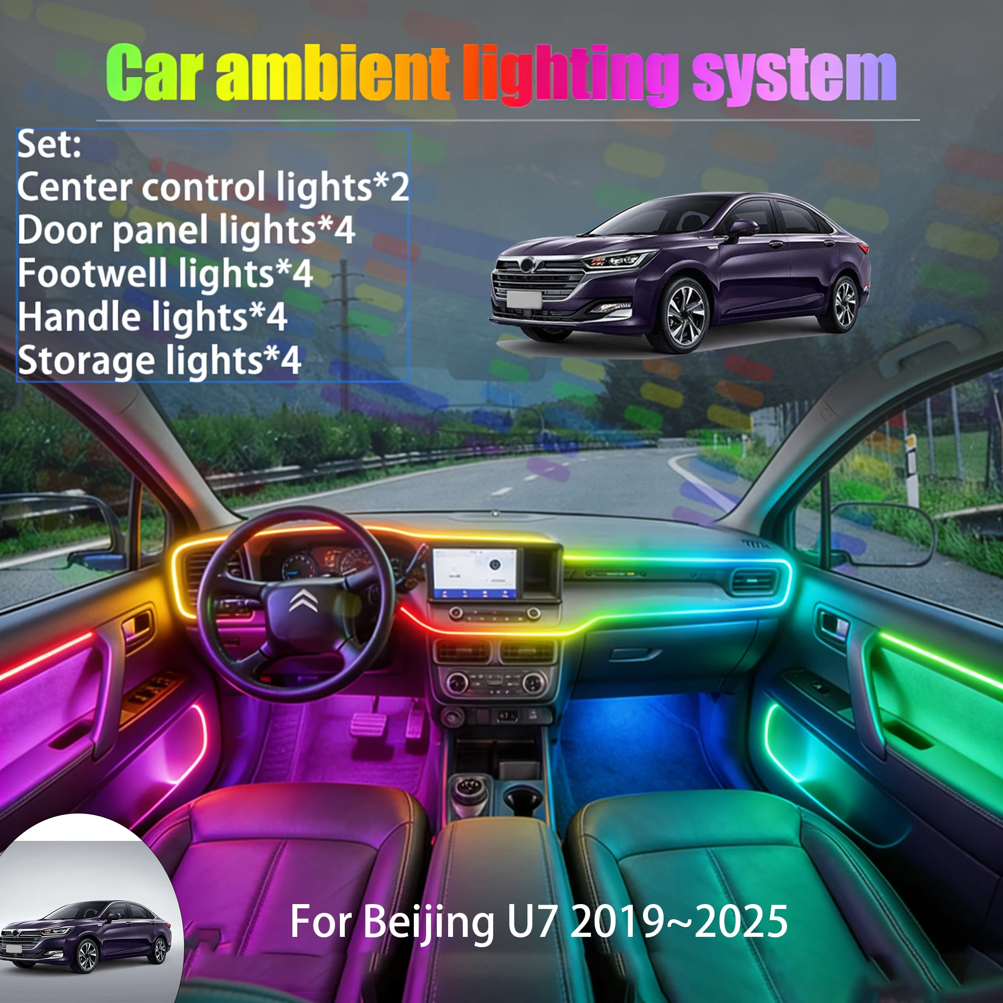 

For Beijing U7 2019~2025 MK2 2/18 in 1 Car ambient lighting Led trunk interior led lights USB RGB Ensemble Streamer Accessories