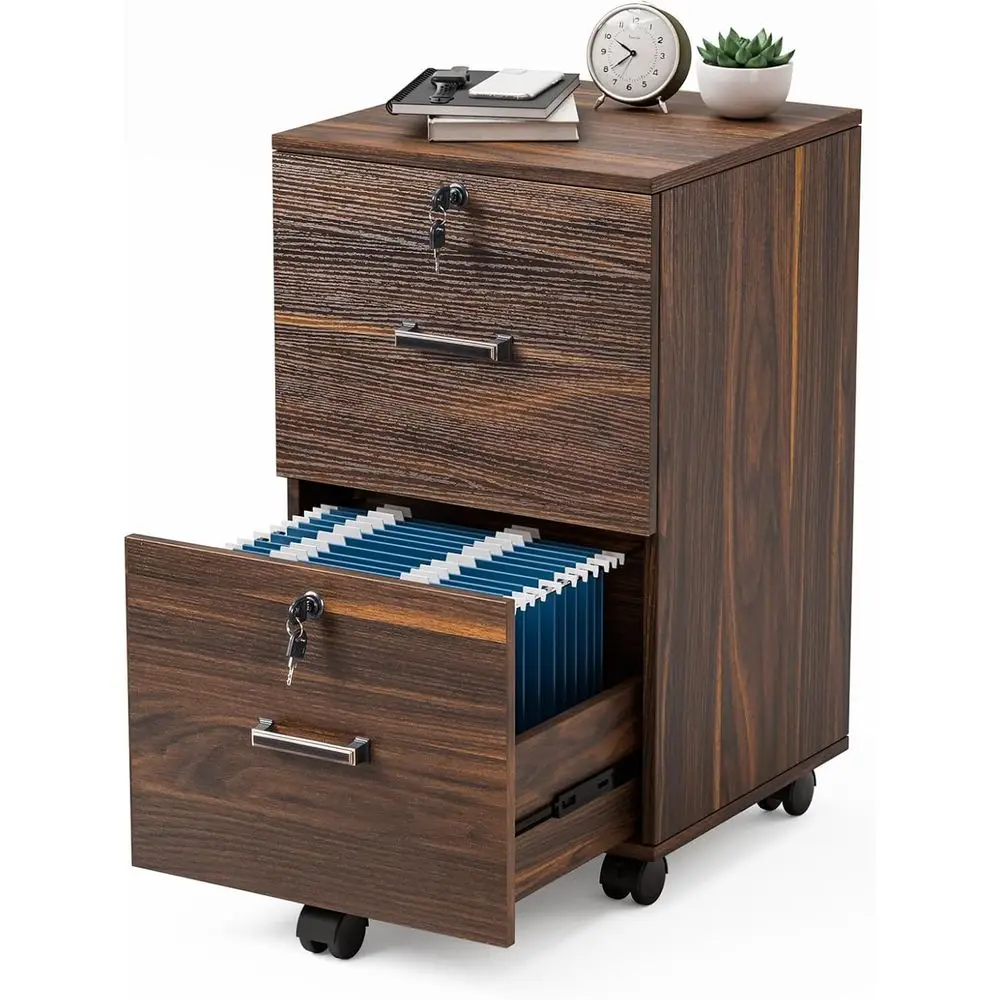 Der Cabinet with Lock, Wood Brown, Letter Size, Locking File Cabinet with Tabs, Under Desk Rolling Filing Cabinet, Mobile Organi