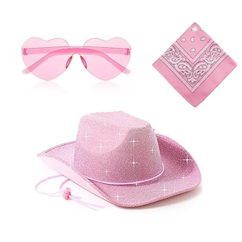 3pcs/Set Bachelorette Party Pink Sparkling Cowboy Hat Western Cowboy Hat Happy Hen Party Decor Girls Birthday Party Photo Props