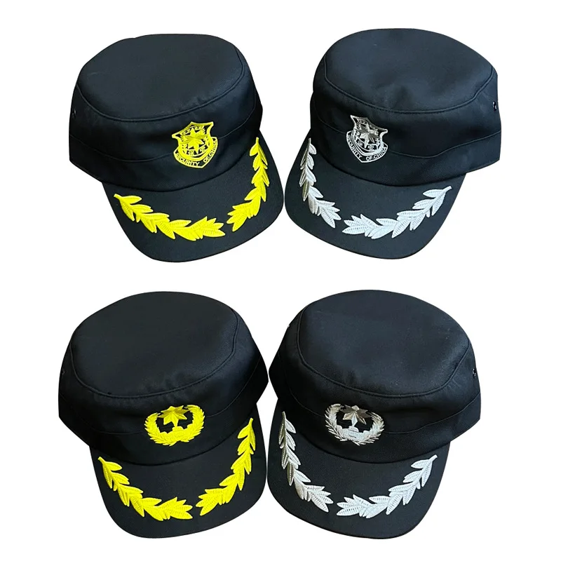 Flat Top Security Cap with Embroidery, Men Black Security Badge Peaked Hat, Property Guard Work Hat