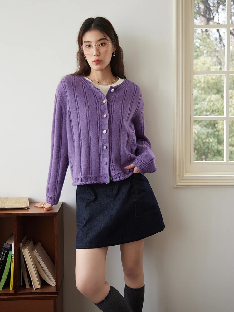 DUSHU Round Neck Women Purple Temperament Straight Single Breasted Cardigans Colorful Button Design Female Beige Warm Sweaters