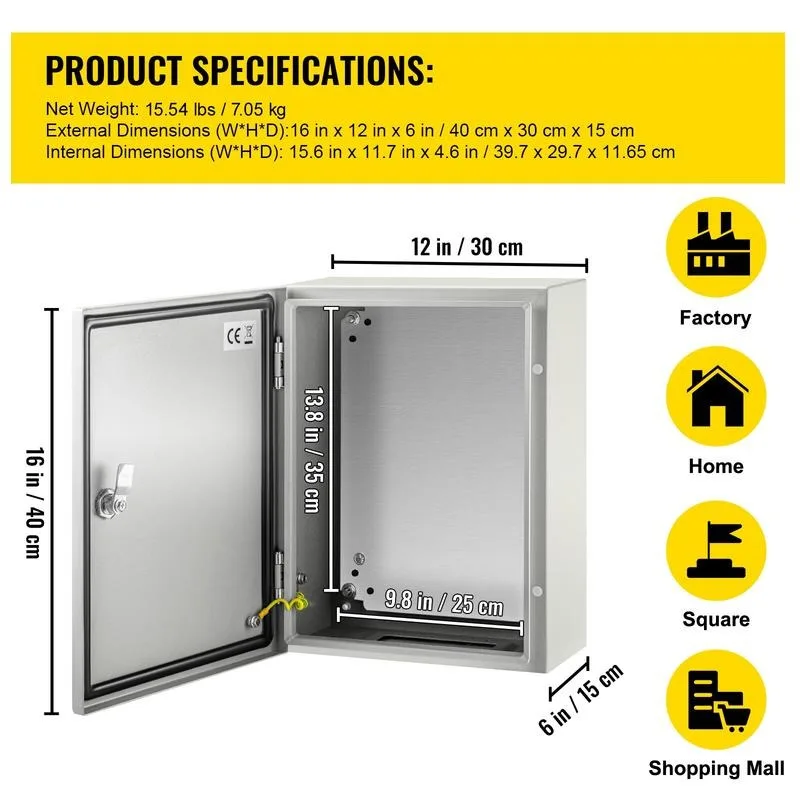 Electrical Enclosure Box, 16'' ×12'' ×6'', Carbon Steel Hinged Junction Box, IP66 Waterproof & Dustproof, Outdoor Electrical Box, with Mounting Plate