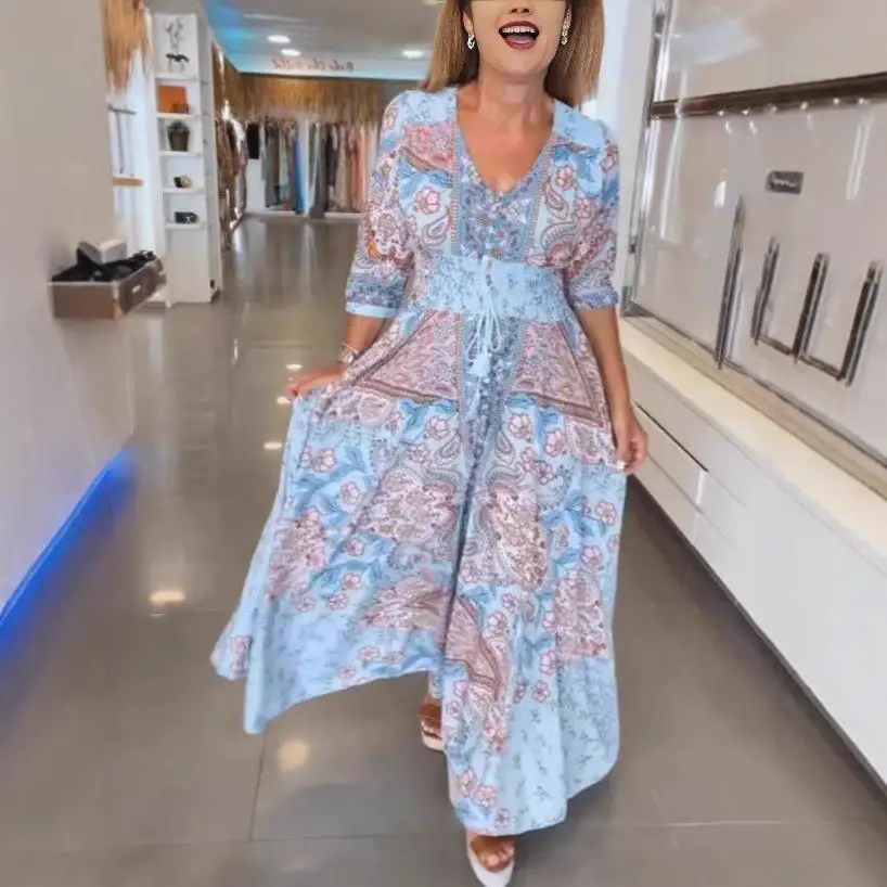 Ele Summer Floral Long Dr con orlo ampio elastico in vita regolare Sve lunghezza cinque quarti Businwear Dr