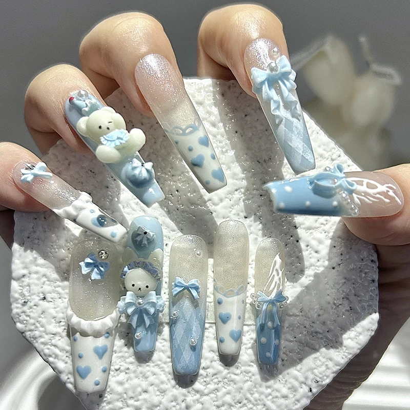 

10 Pieces Kawaii 3D Bow Teddy Bear French Handmade Press On Nails Cute Blue Bunny Long Fake Nails Pearls Polka Dot Girl Nail Art