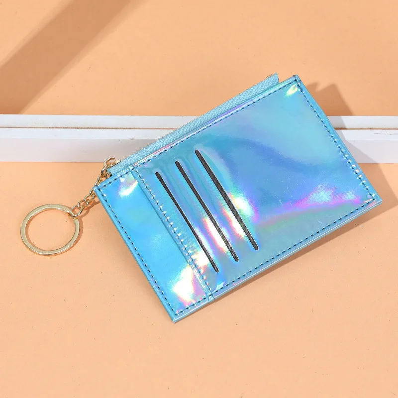 PU Leather Credit Card Bag Purse With Keychain Fashion Mini Colorful Laser Color Zipper Pocket Coin Cash Bus Card Organizer