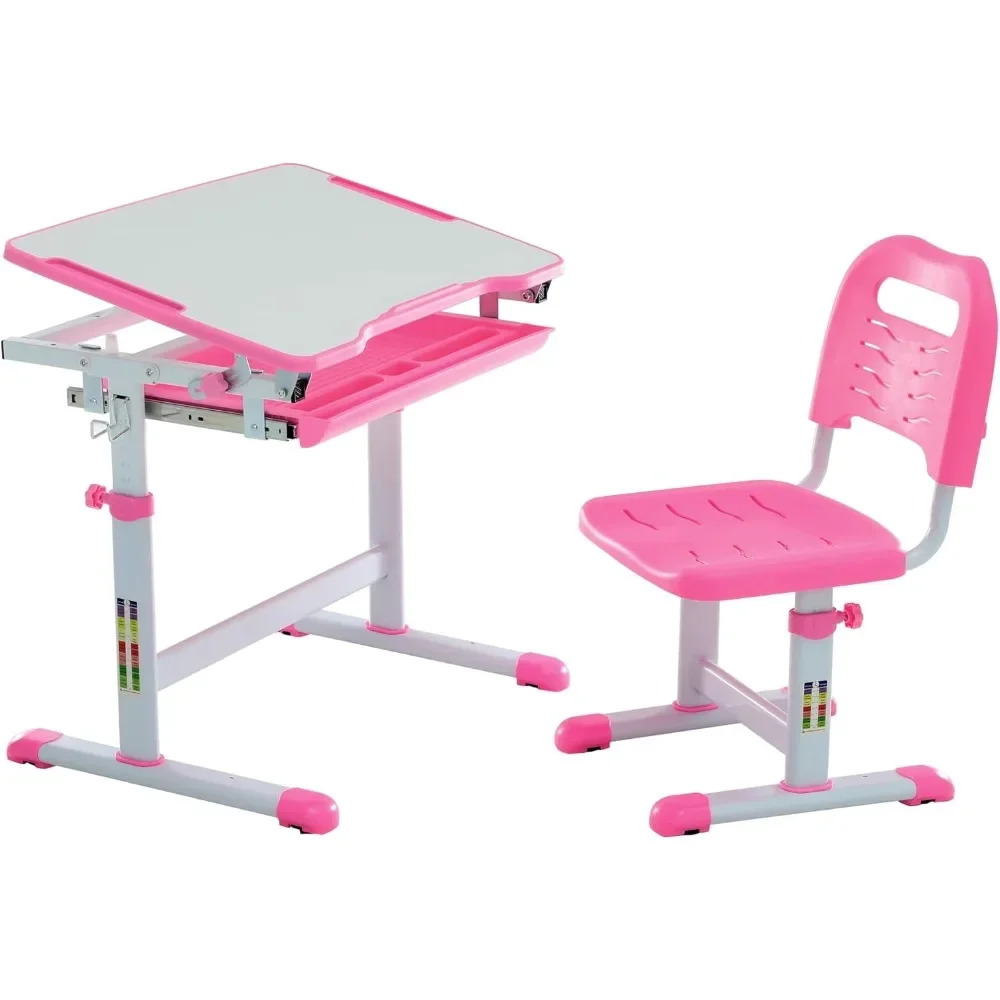 

Kids Multifunctional Desk and Chair Set, Height Adjustable Children School Study Desk with Large Tilt Desktop, Metal Hook