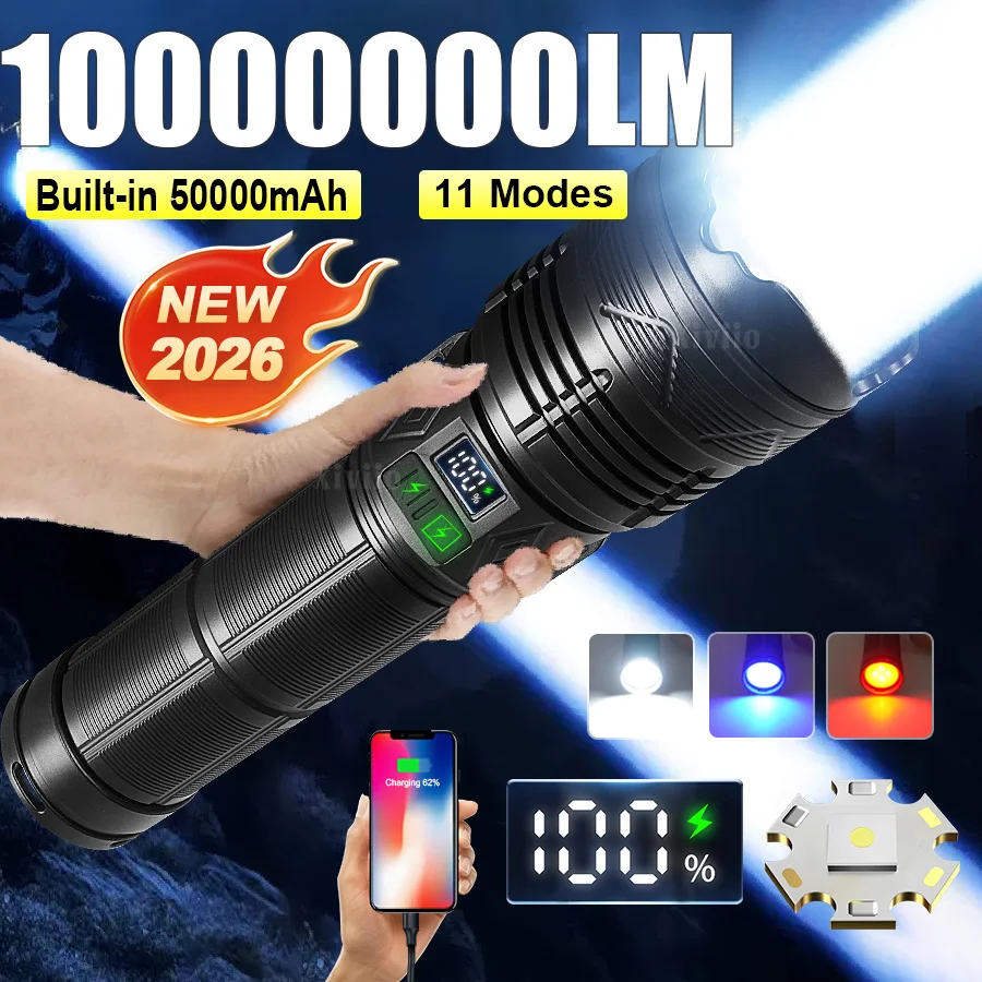 2026 New Ultra Bright LED Flashlight USB Rechargeable Flashlights Tactical Zoom Torch Long Range 6000M Camping Fishing Lantern