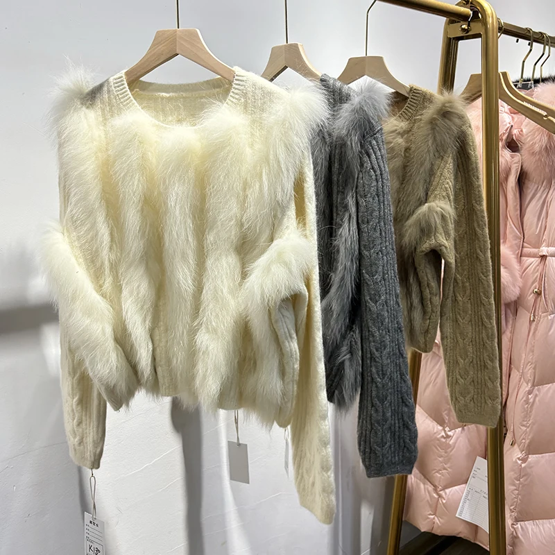 2025 femmes automne chameau classique Streetwear col rond naturel fourrure de renard blanc pull tricoté manteau