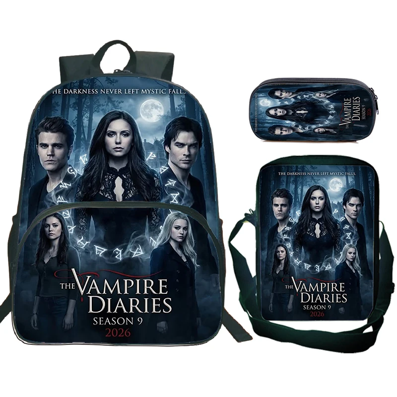 3pcs Set The Vampire Diaries Backpack Hot TV Series Boys Girls Bookbag Students Travel School Bags Kids Pencil Bag Shoulder Bag