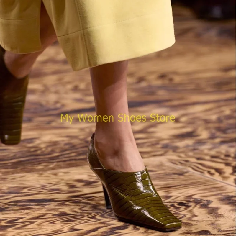 

Square Toe Block High Heel Pumps Slip On Shallow Black Brown Crocodile Leather Spring Women Dress Shoes Strange Style