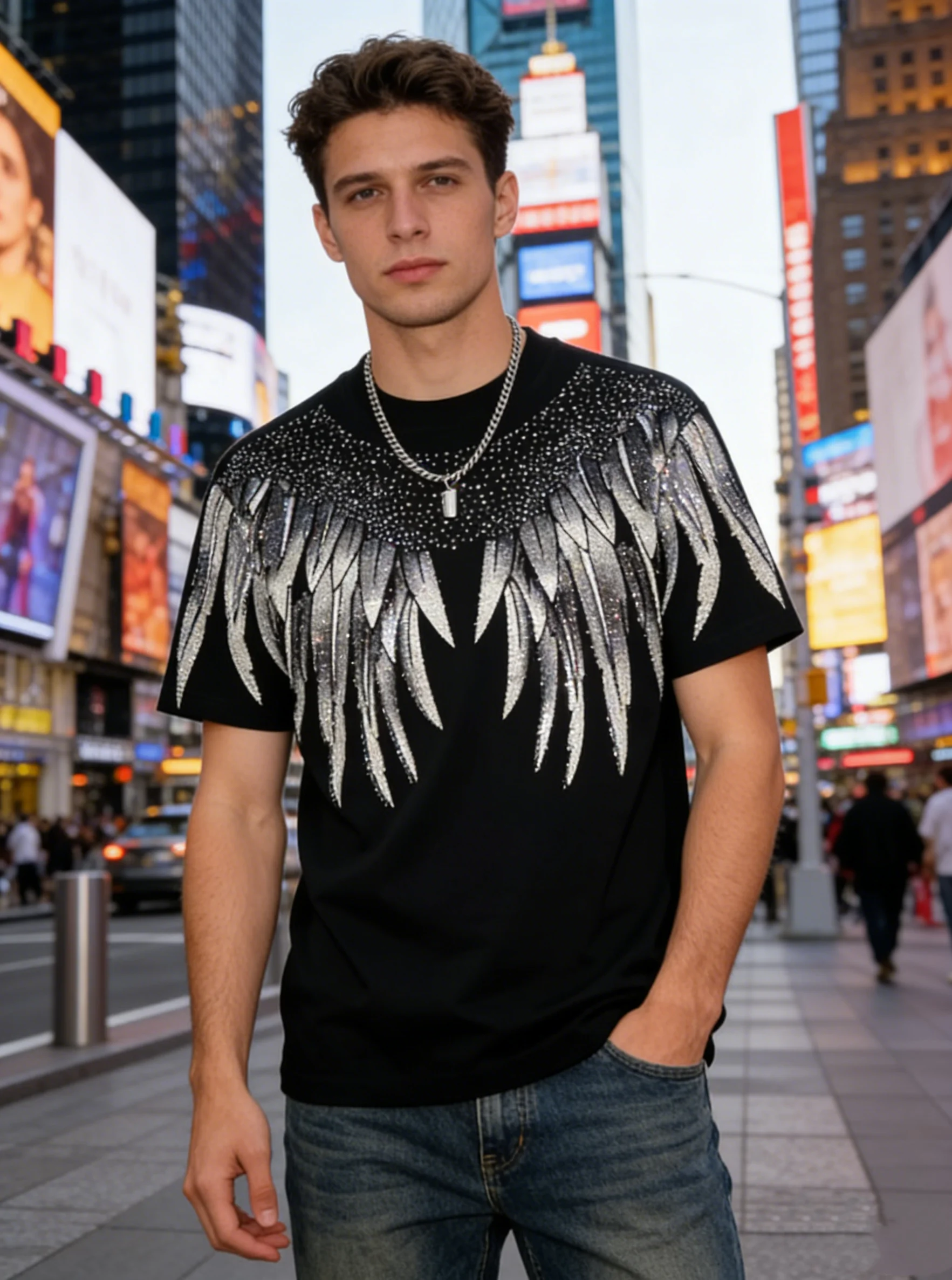 Men Summer Cotton Rhinestone Crew Neck T Shirt Soft Breathable Short Sleeve Fashion Street Casual Daily Top Hot Sell
