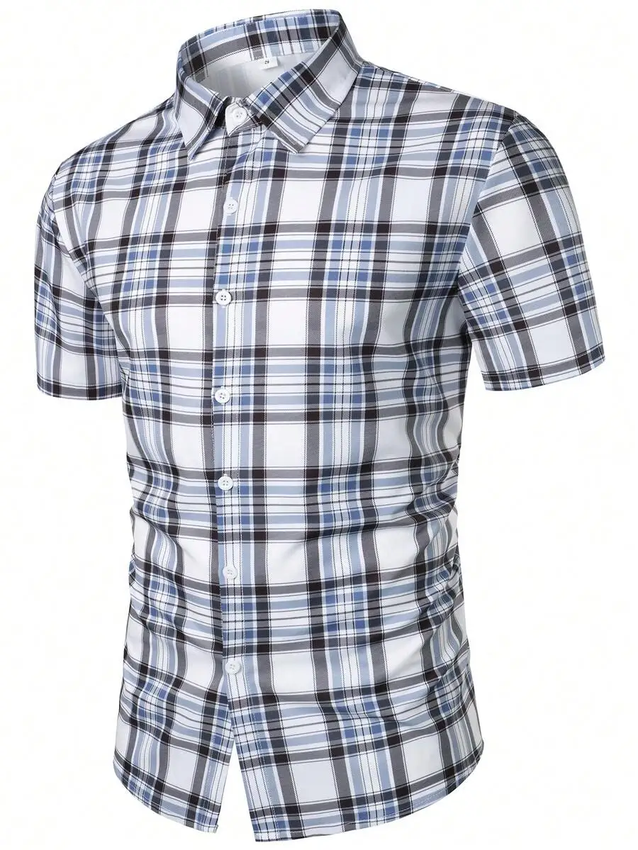 

Men's Short Sleeve Button-Down Plaid Shirt, Casual Checkered Design for Summer