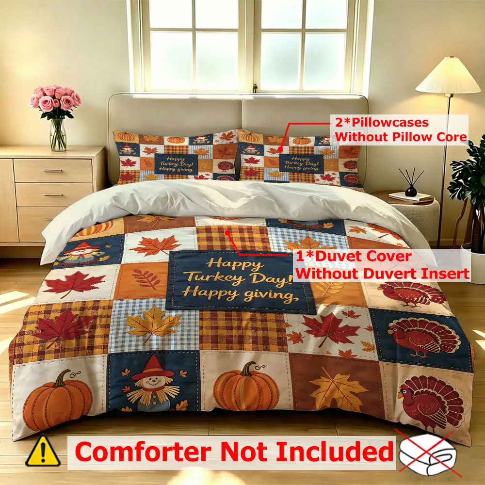 3PCS Duvet Cover Set Happy Turkey Day Thanksgiving Pumpkin Maple Leaf Plaid Bedding Set Holiday Bedroom Decor