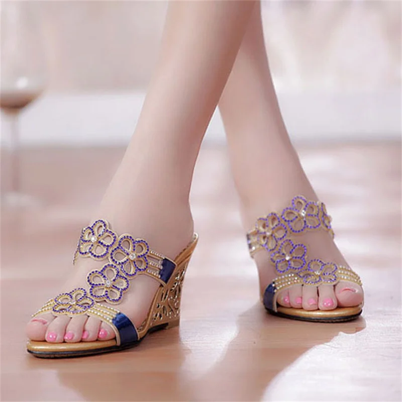 

Ladies Crystal Bling Flower Rhinestone Wedge High Heel Slides Party Shoes Summer Black Comfortable Non-slip Slippers