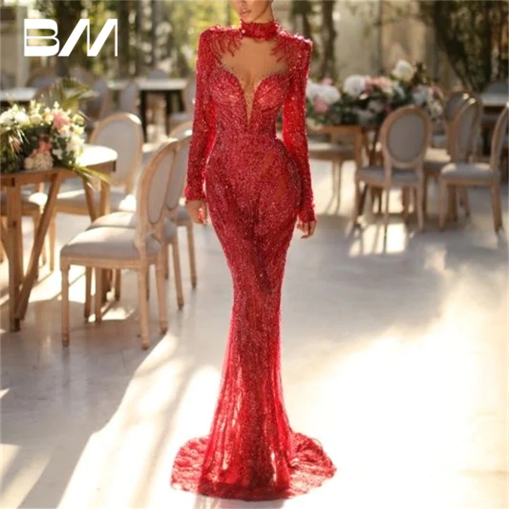 Passion Red 2in1 Prom Dress With Detachable Train High Neck Beaded Embellished Maxi Evening Dress Full Sleeves Party Gown