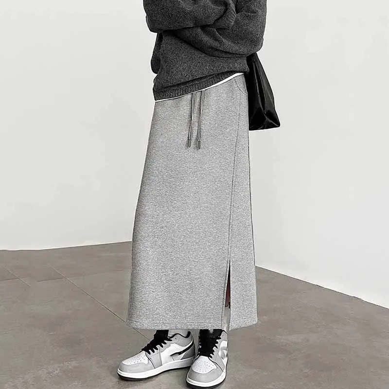 Women's Gray Split Midi Skirts Elasticity Waist Casual Loose Long Skirts Female Autumn Winter Thicken Plus Velvet Straight Skirt