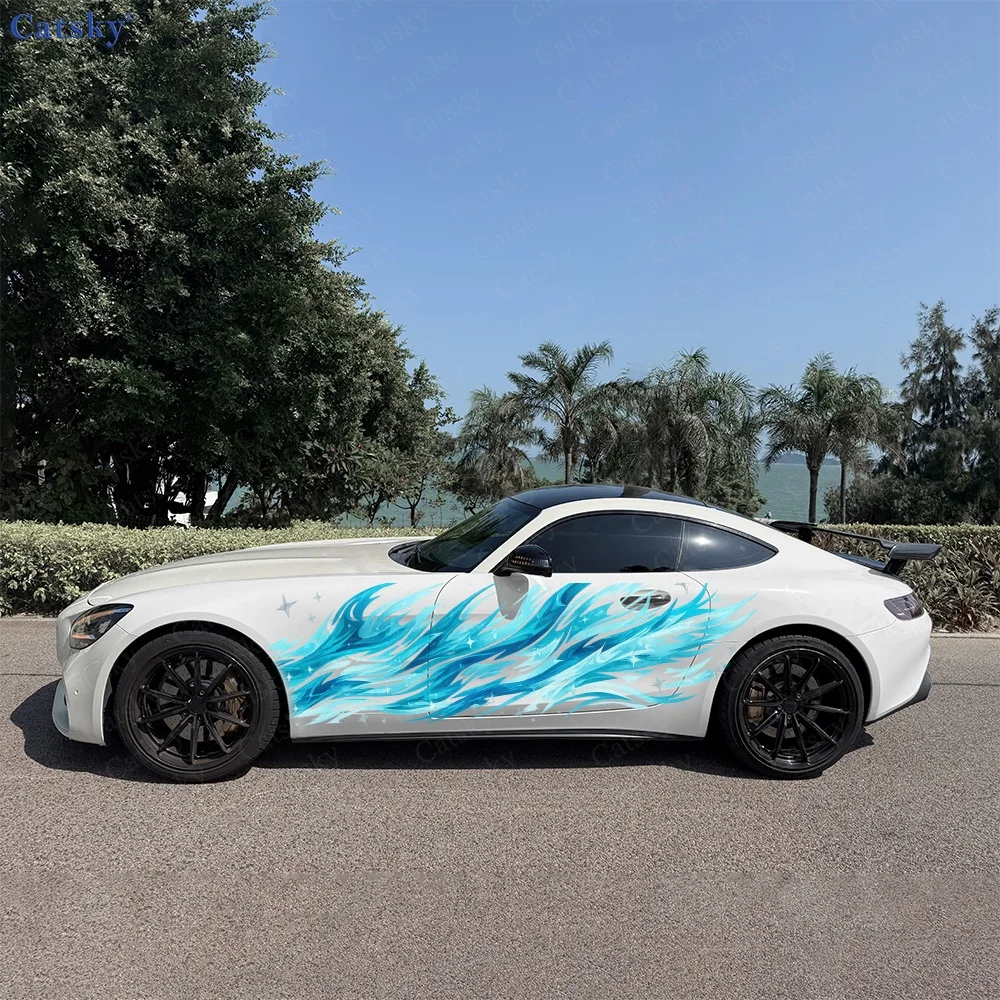 2Pcs Dynamic Flowing Blue Waves with Sparkles Car Side Sticker, Automotive Door Side Graphics for Cars, Car Decoration Accessory