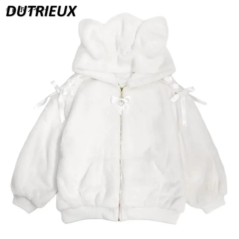 Japanese Style Sweet Cute Furry Rabbit Ears Hooded Long Sleeve Belt-Loop Short Coat Women Autumn Winter SC Thermal Zipper jacket