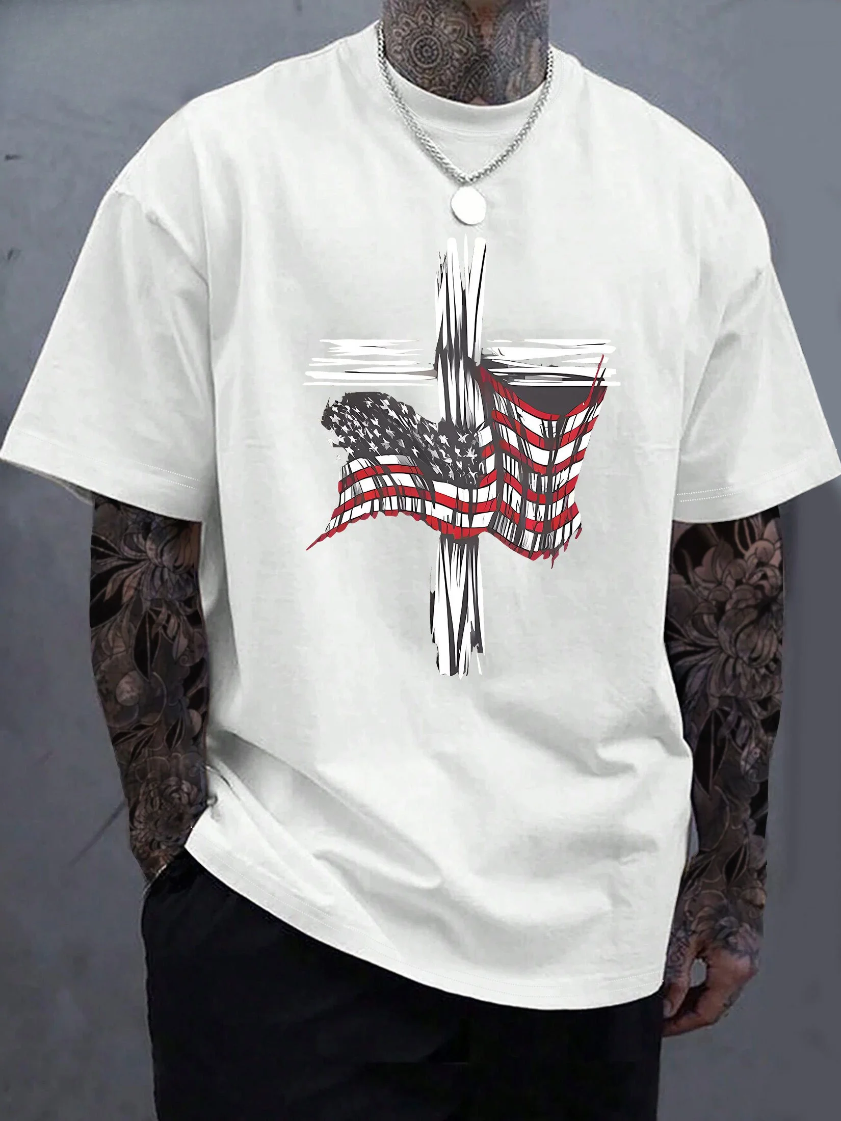 

Новая мужская хлопковая футболка с крестообразным флагом и принтом, бутиковая утолщенная хлопковая модная повседневная хлопковая футболка