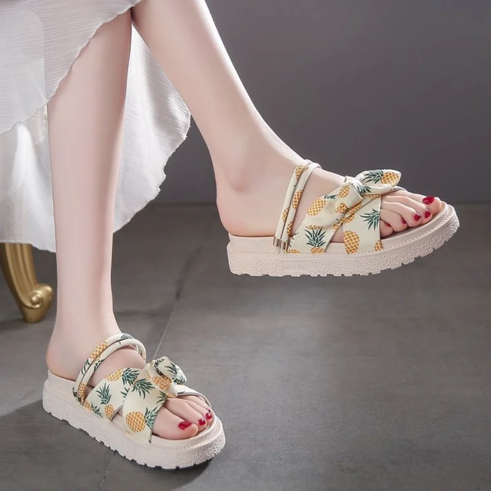 Women's Pineapple Print Bow Platform Sandals, Ankle Strap Open Toe Shoes for Summer Beach Casual Wea