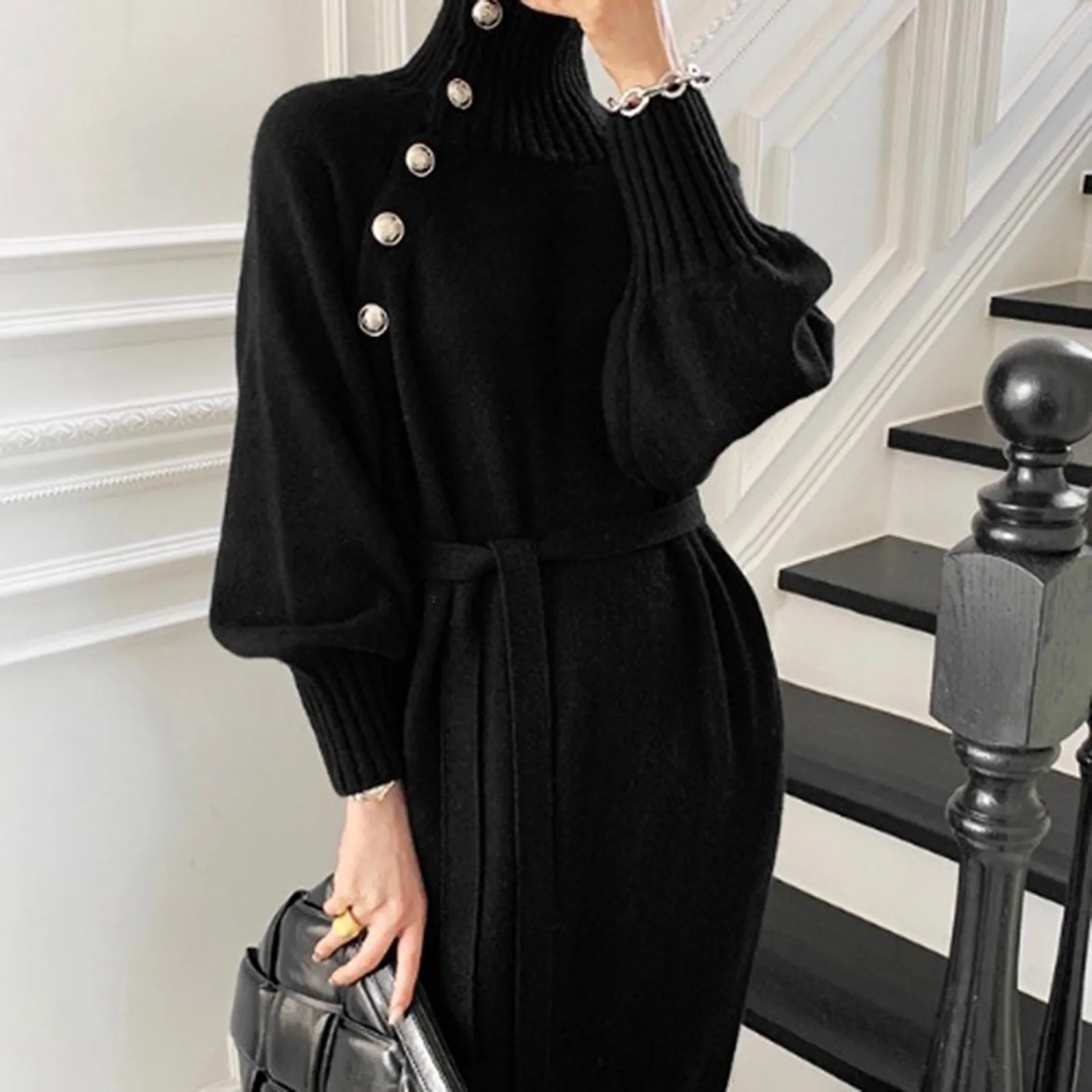 Autumn/Winter New Lace up Waist Closing Knitted Dress for Women Loose and Versatile Fashionable High Neck Long Sweater Dresses