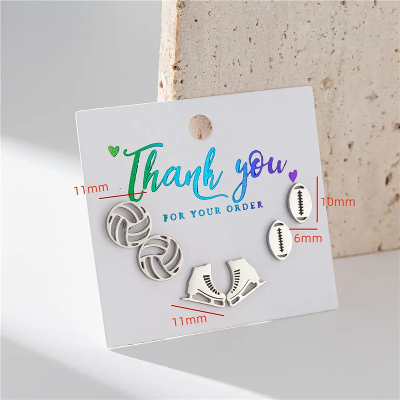 3Pair/card Trendy Stainless Steel Skates Earring Football Volleyball Ear Jewelry Sportsman Daily Earrings Gifts Accessories
