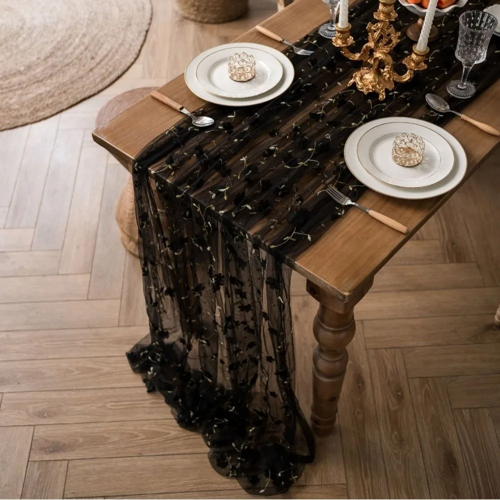 Semi-Transparent Tulle Table Runner Romantic Polyester Floral Tablecloth French Style Retro Embroidered Tablecloth Banquet