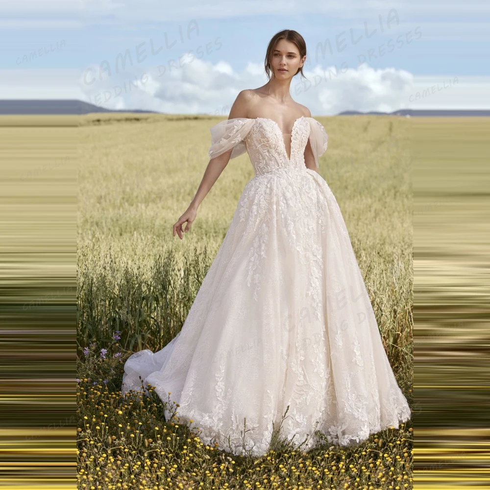 

Boho Lace Appliques Wedding Dresses Women's A Line Bridal Gowns Off Shoulder Sleeveless Backless Vestidos De Novia Customized