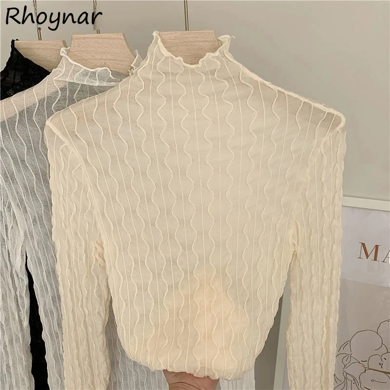 T-shirts Women Mesh Slim Long Sleeve Autumn Fashion Feminine Casual Basic Inner All-match Solid Sheer Elegant Female Folds Girls