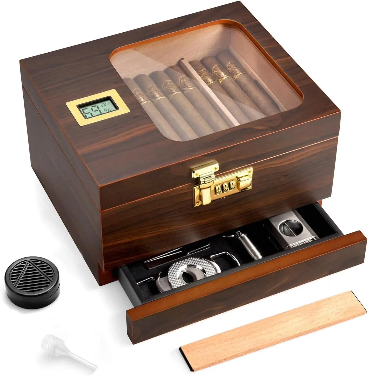 

Handcrafted Cedar Cigar Humidor with Digital Hygrometer, Glass Top, Wood Tray, Humidifier, Lock - Perfect Gift for Men