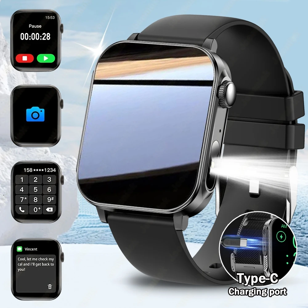 

Смарт-часы Type-C с быстрой зарядкой для мужчин и женщин, менеджер здоровья, Bluetooth-вызов, светодиодный фонарик, водонепроницаемые спортивные умные часы для фитнеса