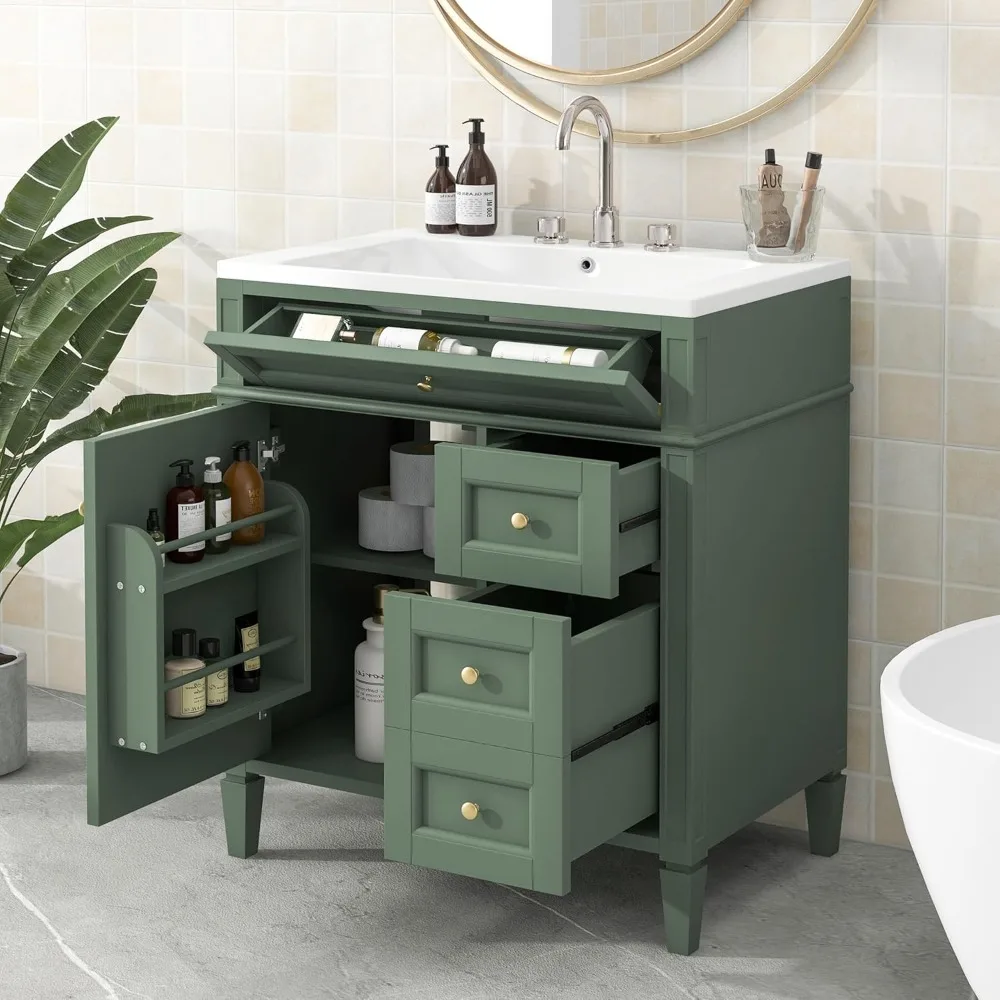 30" Bathroom Vanity with Sink, Modern Single Sink Bathroom Storage Cabinet with 1 Door, 2 Drawers & Tip-Out Drawer, Solid Wood