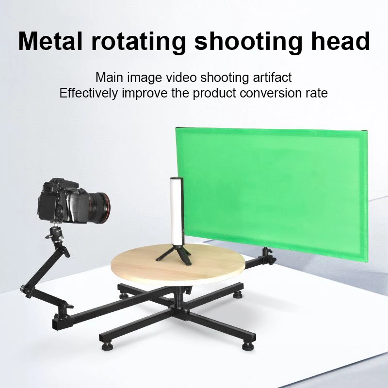 360° Rotating Product Photography Stand with Wooden Round Table, Adjustable Camera Mount & Chroma Key Green Screen Backdrop
