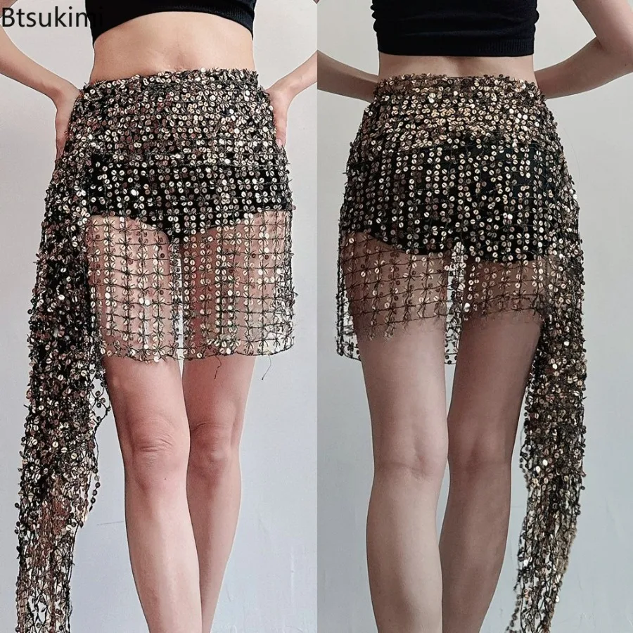 Vêtements de danse pour femmes, tenues de scène, mode, jupe à sequins et franges, avec chaîne de taille et foulard de hanches, pour Jazz, Latin, Danse du ventre