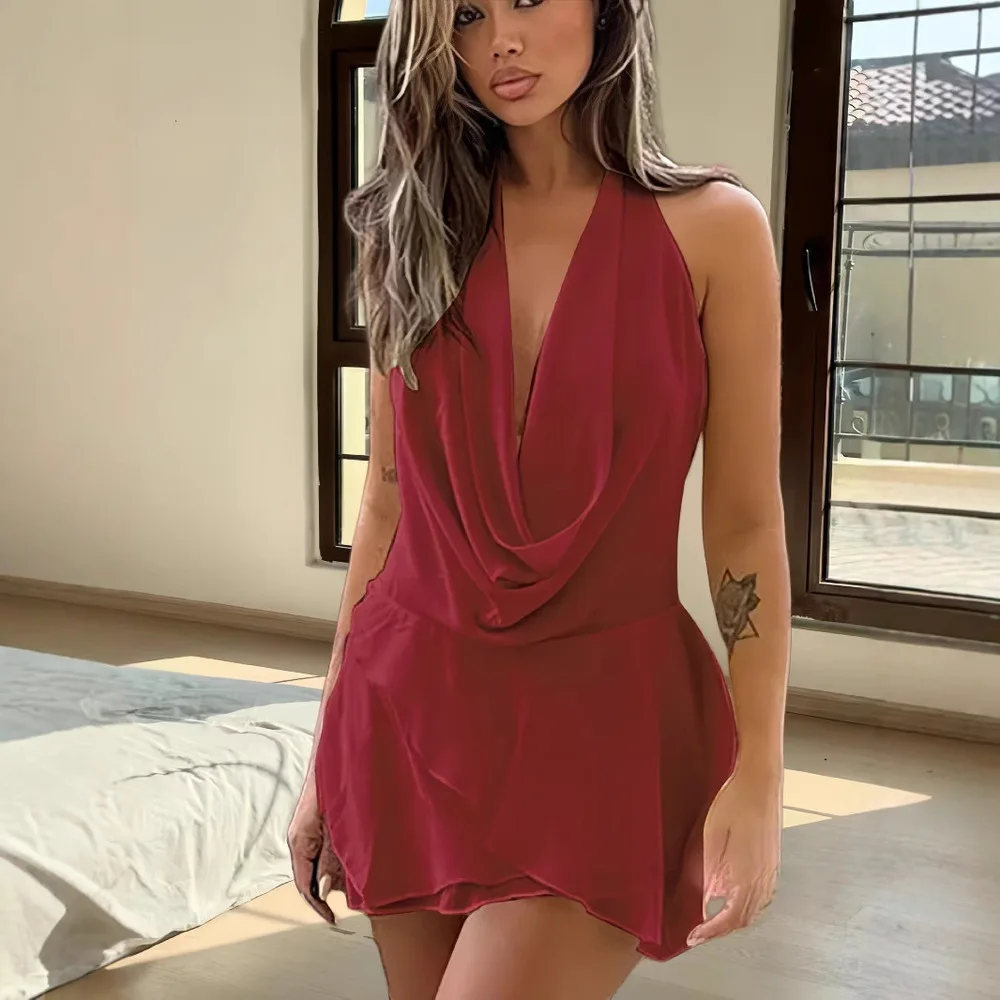 

2024 Sexy Chiffon Halter Deep V Neck Dress Elegant Sleeveless Mini Dress for Women Autumn Winter Solid Short Dress