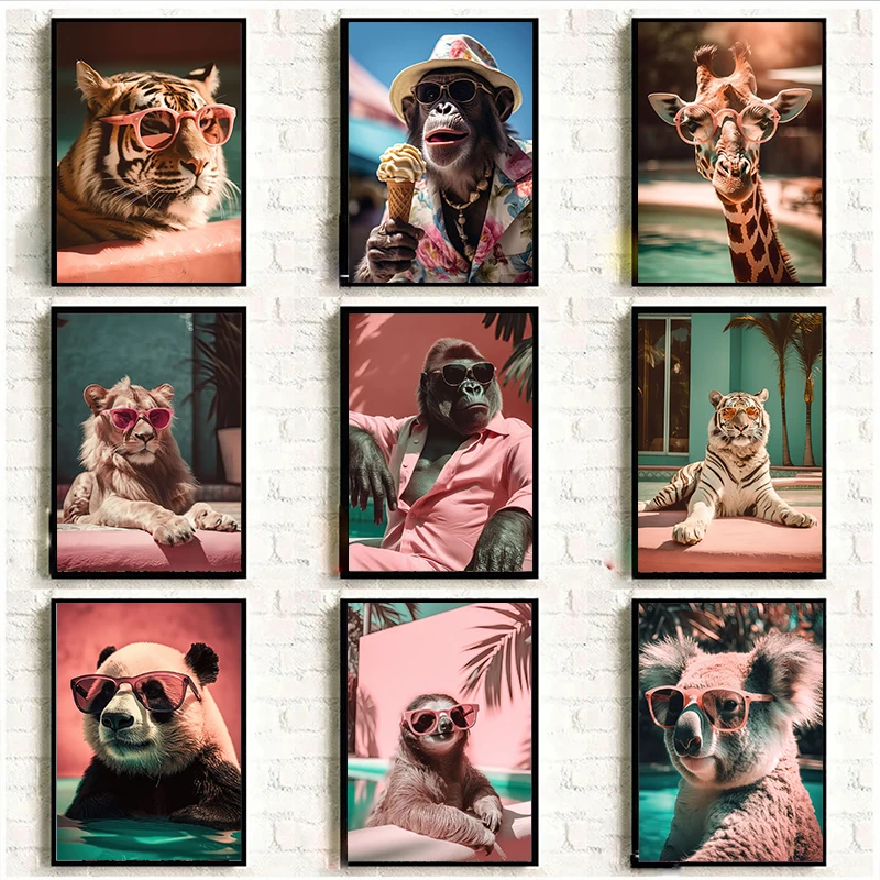 (2D canvas painting) Animals with Sunglass Poster Funny Animal Cool Lion Tiger Gorilla Koala Pink Canvas Print Painting Wall