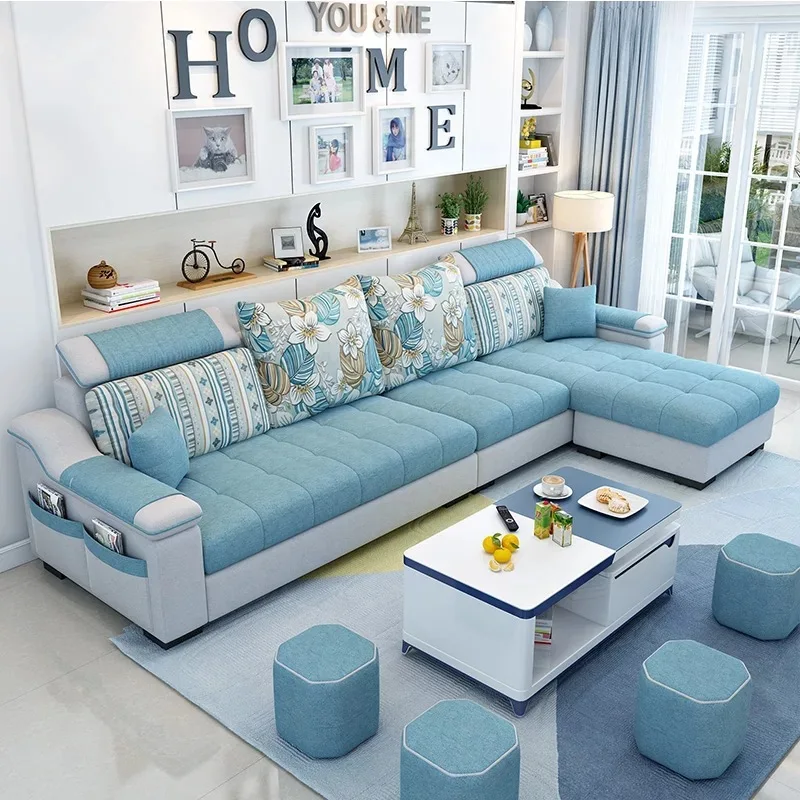 Fabric sofa small apartment living room removable and washable corner three-person rental room fully furnished