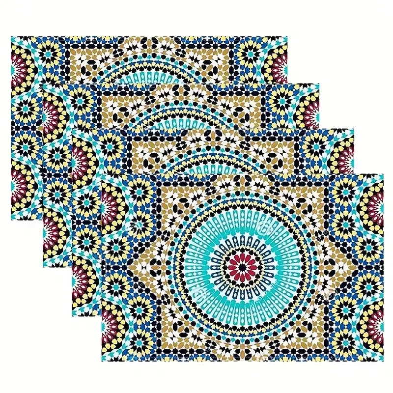 Boho Moroccan Geometric Mosaic Print Linen Placemat Set Bohemian Ethnic Style Kitchen Holiday Dinner Table Protector Pad